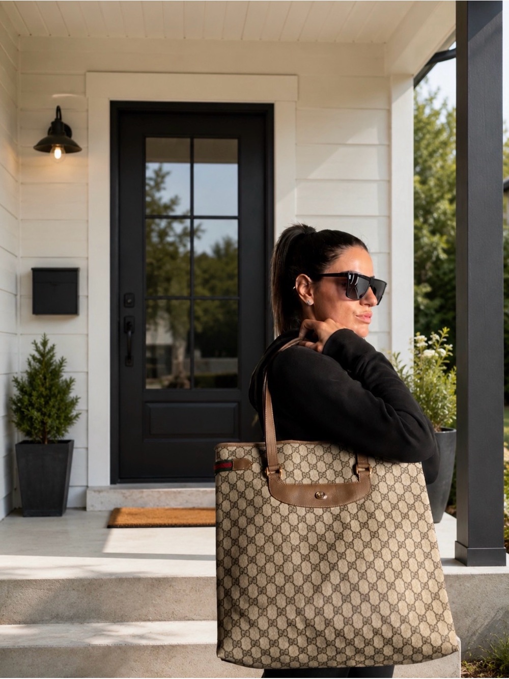 Gucci Beige Monogram Tote with Brown Leather Trim